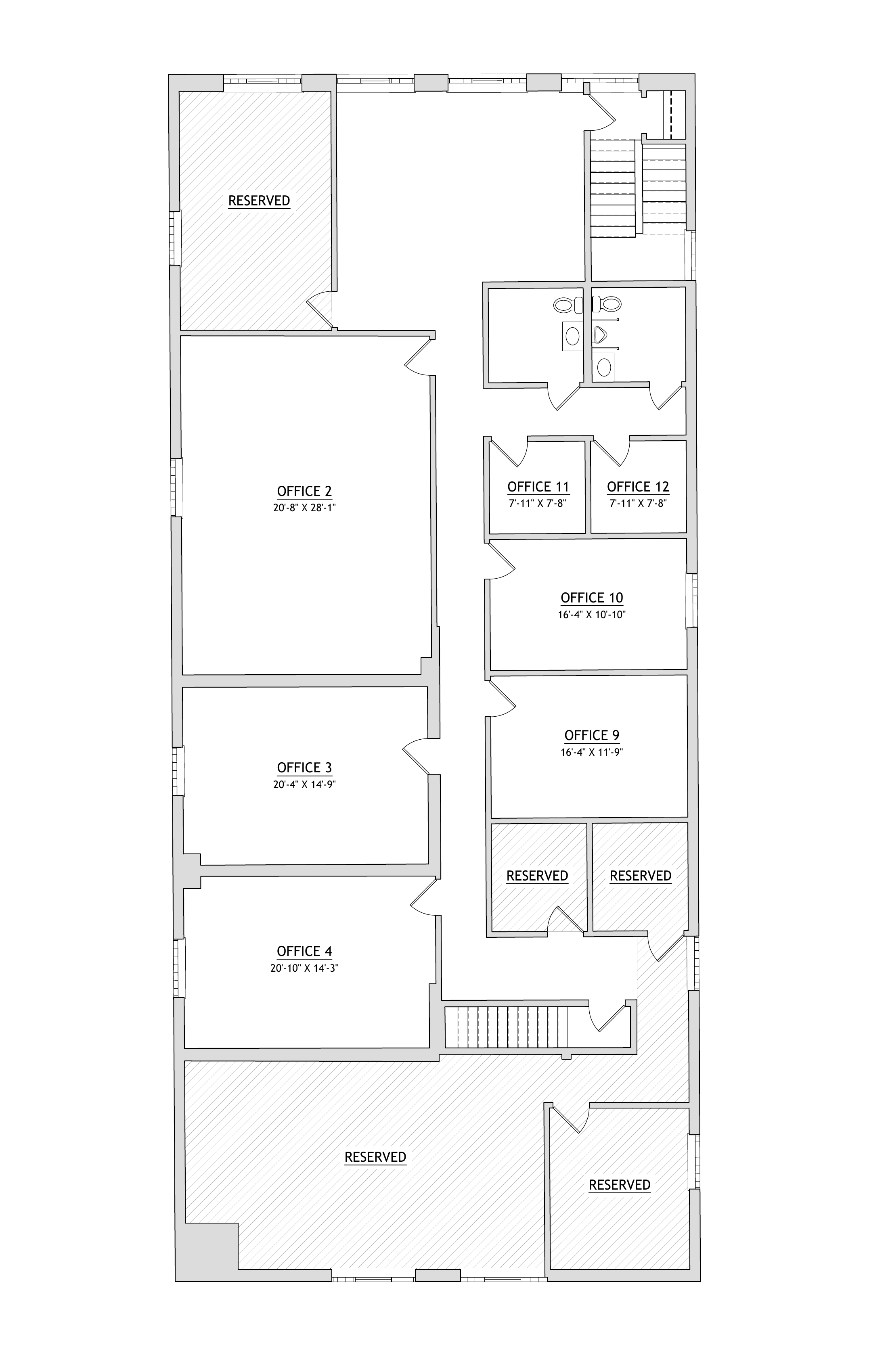 Second floor plan of 939 W. North Ave showing all twelve offices with square footage