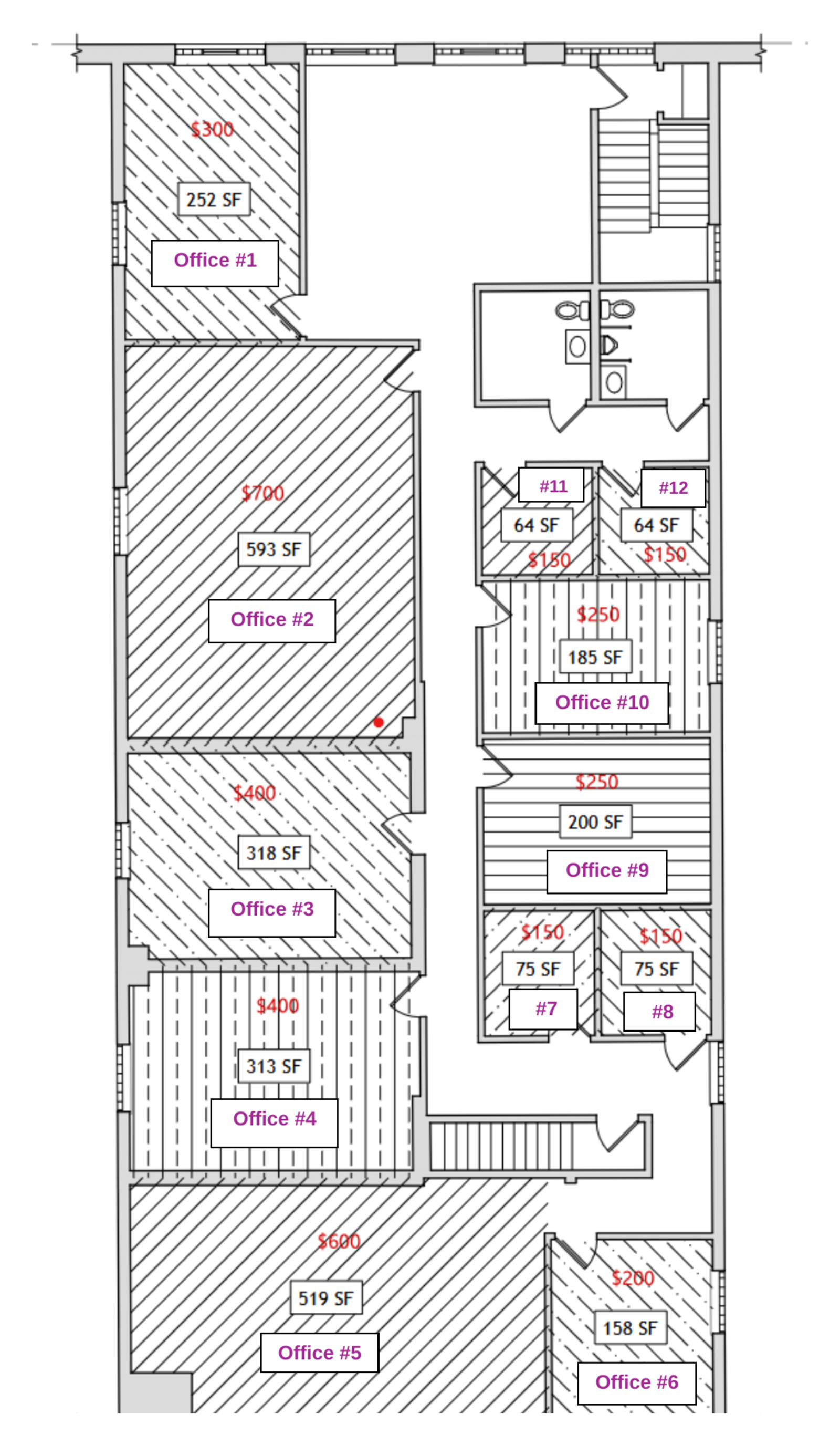 Second floor plan of 939 W. North Ave showing all twelve offices with square footage and monthly rents
